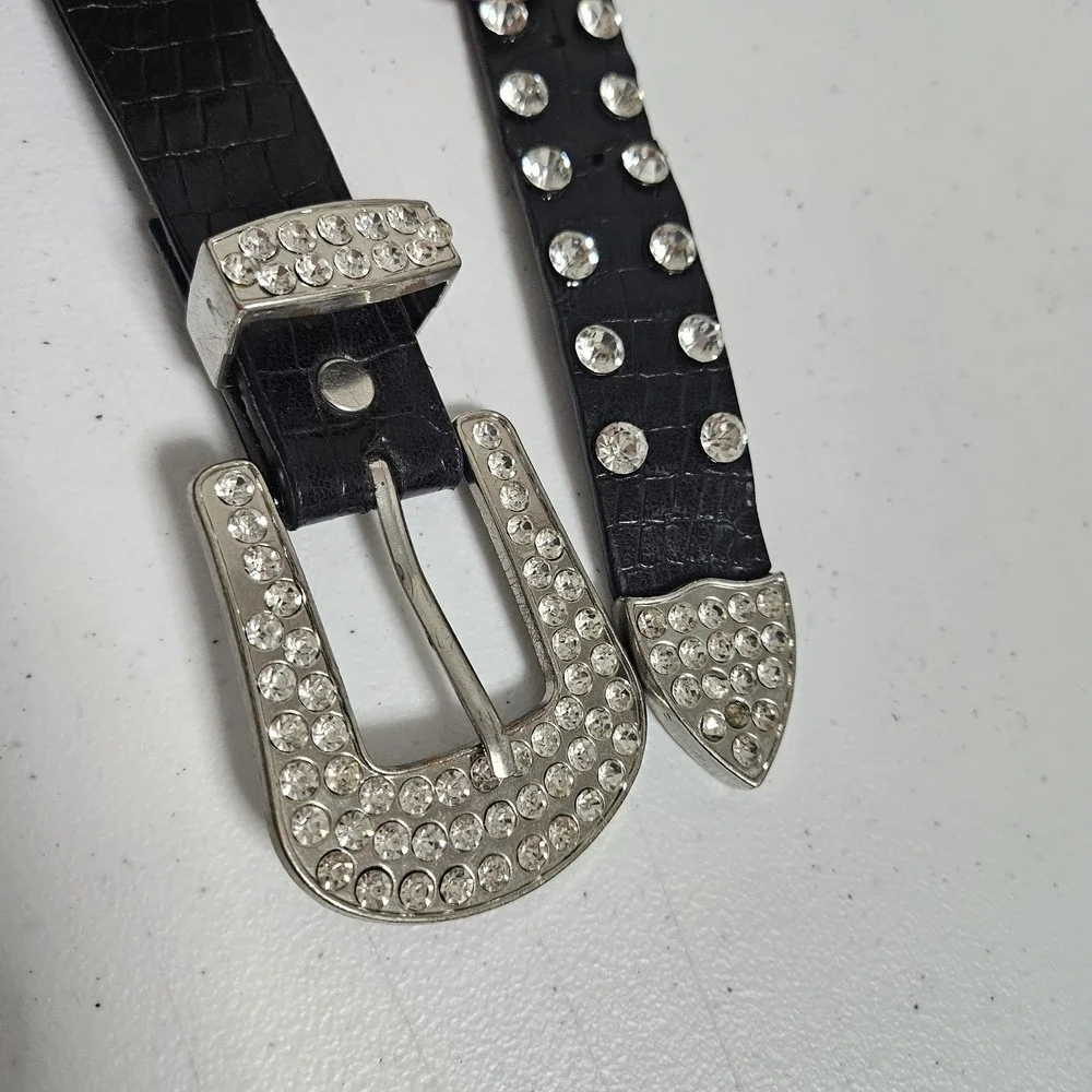 Beltiscool Belt Womens 35 Black Rhinestone Western Bling Croc Embossed Rockstar*